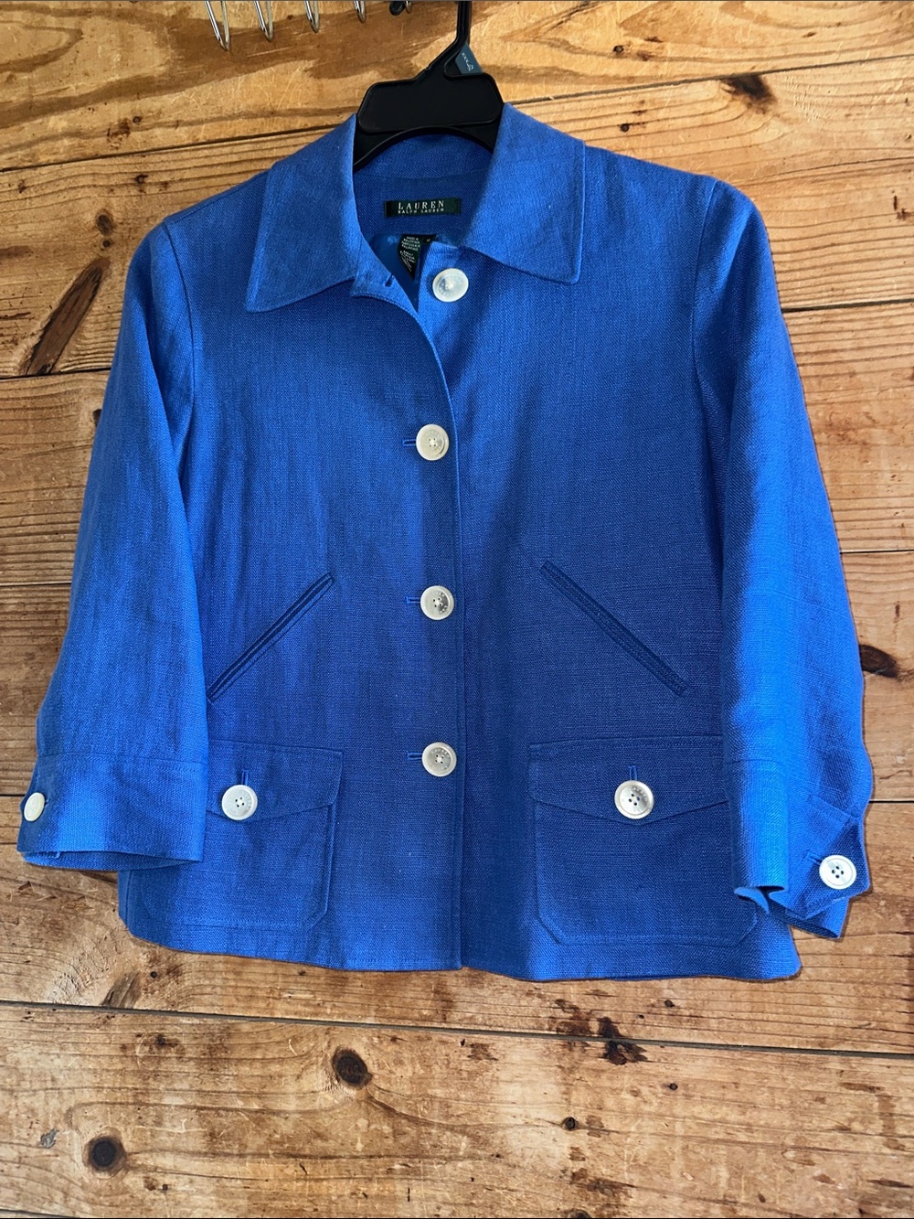Lauren Ralph Lauren Cobalt Blue Button Front Blazer Jacket Boxy Vintage Linen